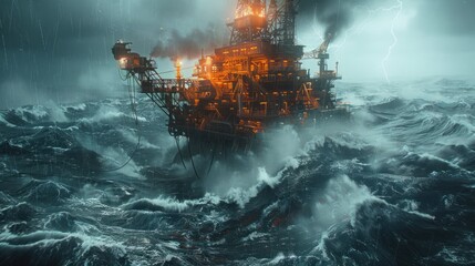 Engineers are working on an oil rig or natural gas rig at sea in extreme weather conditions. - obrazy, fototapety, plakaty