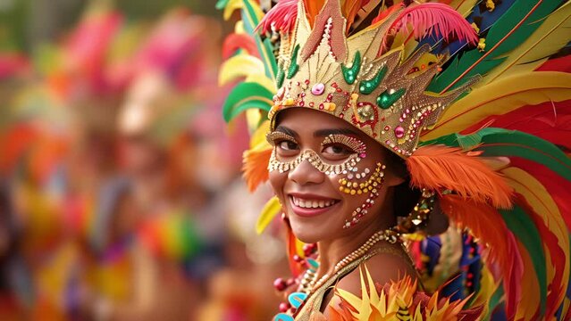 Slow motion portrait of a beautiful Filipino woman in costume for the Masskara festival in Bacolod