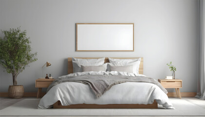 Fototapeta na wymiar Mock-up-frame-in-bed-room-interior-background--3D-render, mockup frame bedroom with bed