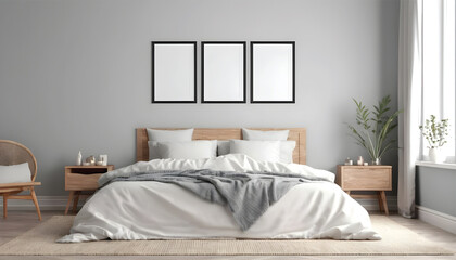 Fototapeta na wymiar Mock-up-frame-in-bed-room-interior-background--3D-render, mockup in bedroom with bed
