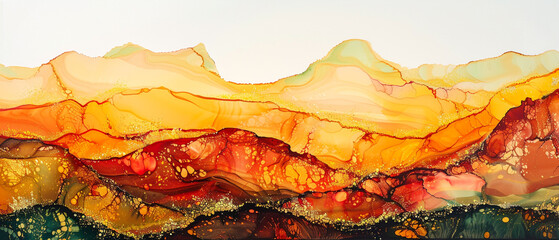 Colorful alcohol ink painting with golden on desert. Splashing in the paper. It is wet texture with...