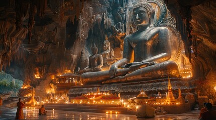 A cave temple, a large reclining Buddha statue, lit candles and a monk praying.