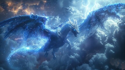 Blue winged western style dragon in flight, surrounded by a clouds in a lightning storm. - obrazy, fototapety, plakaty