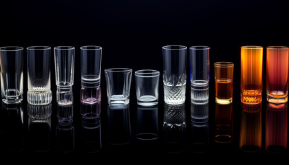 Set of Different Types of Drinking glasses isolate on dark background.