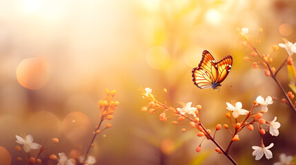
Spring banner, branches of blossoming cherry against the background of blue sky, and butterflies on nature outdoors. Pink sakura flowers, dreamy romantic image spring