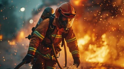 fireman using water and extinguisher to fighting with fire flame in an emergency situation., under danger situation all firemen wearing fire fighter suit for safety.