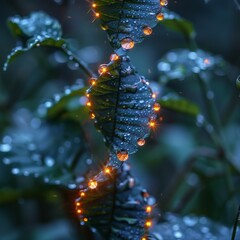 Water droplet on a leaf refracting an image of DNA spirals glowing with lifes blueprint