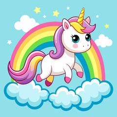 Cute unicorn on the sky with rainbow 