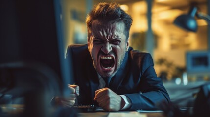 Mad male worker lose temper scream loudly having computer problems or virus attack, furious man shout experience laptop breakdown or data loss while working - obrazy, fototapety, plakaty