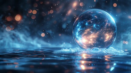 Water sphere in zero gravity inside which a neon lit lipid molecule floats encasing mysteries