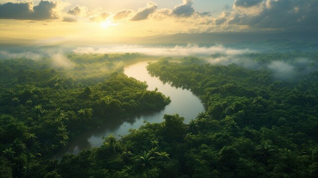 Aerial view of Amazon rainforest in Brazil, South America. Green forest. Bird's-eye view