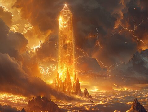 Topaz crystal lightning rod atop a storm wrought spire capturing flashes of inspiration