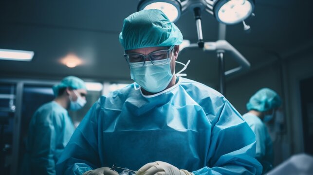Close-up of a focused male surgeon wearing a sterile robe, mask and gloves during surgery in the operating room.
