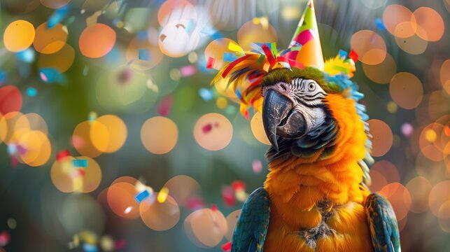 Cute parrot that is friendly to animals Wear a party hat, celebration, New Year's party or birthday party, carnival, greeting with bokeh lights and paper. confetti party surround