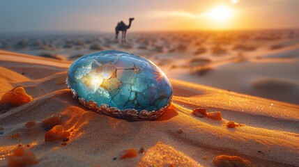 Turquoise within raw silver on a sandy desert dune illuminated by the setting sun with a majestic camel casting a long shadow as it passes by