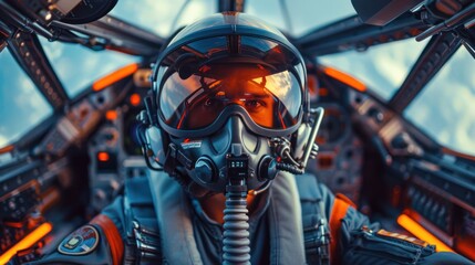 Portrait of pilot with futuristic full face covered helmet sitting in futuristic cockpit.