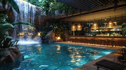 Shot of luxurious swim up bar with waterfalls in the background. - obrazy, fototapety, plakaty