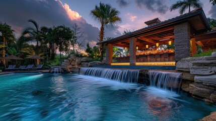 Obraz na płótnie Canvas Shot of luxurious swim up bar with waterfalls in the background.