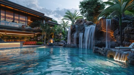 Fototapeta na wymiar Shot of luxurious swim up bar with waterfalls in the background.