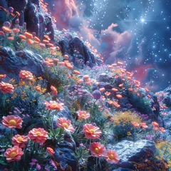 Poster Vitamin C molecule amidst a garden of asteroid flowers nourishing life in the cold expanse of space © AlexCaelus