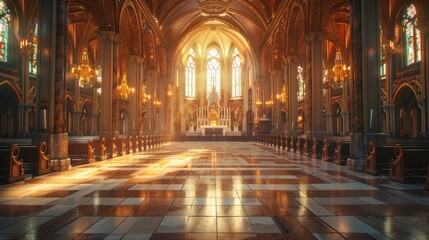 sunlit aisle of an empty church with ornate architecture, leading to an altar with religious statues and stained glass windows - obrazy, fototapety, plakaty
