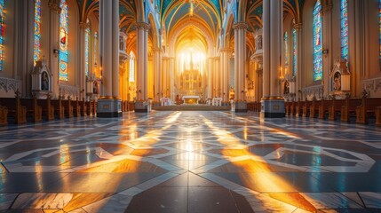 sunlit aisle of an empty church with ornate architecture, leading to an altar with religious statues and stained glass windows - obrazy, fototapety, plakaty