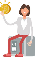 Businesswoman Character Sitting on Safe and Holding Dollar Coin
