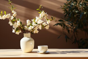 Sunlit Spring Blossoms in Minimalist Ceramic Vase and Teacup Still Life