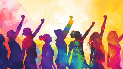 A group of women is reaching hands out for equality and justice against a bright background. Silhouette of women raising hands up on a vivid bright colorful background. - obrazy, fototapety, plakaty