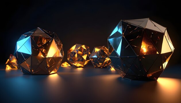 Colorful reflection low-poly crystal poligons on dark background 
