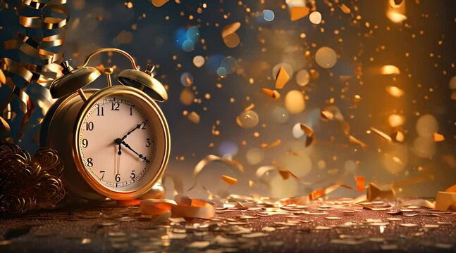 new year celebration decoration alarm clock and gold ribbon pieces