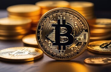 Bitcoin ETF coin, gold yellow, trading, chart, money, rich. Close-up bitcoin coin with flying coins. Bitcoin Crypto currency Gold BTC Bit Coin close up of Bitcoin coins isolated. Blockchain technology
