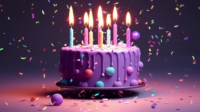 purple birthday cake. birthday cake with candle in dark background. 3D rendering. seamless looping overlay 4k virtual video animation background 