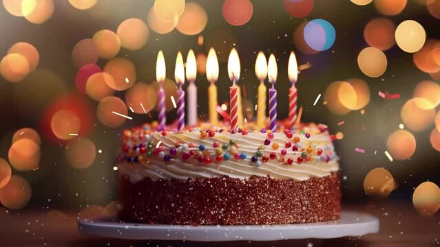 beautiful birthday cake with burning candles. seamless looping overlay 4k virtual video animation background 