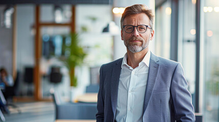 Mature businessman in a sharp suit stands confidently in a modern office space, exuding leadership.