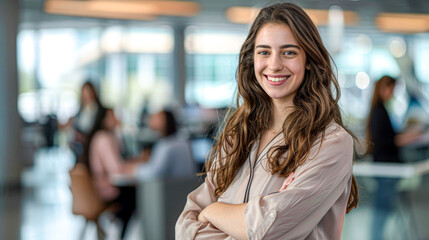 Confident young professional woman at the office, representing empowerment and career ambition in the workplace.