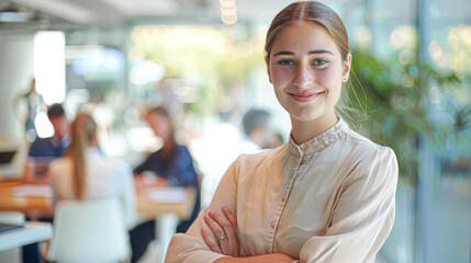 Confident young professional woman at the office, representing empowerment and career ambition in the workplace.
