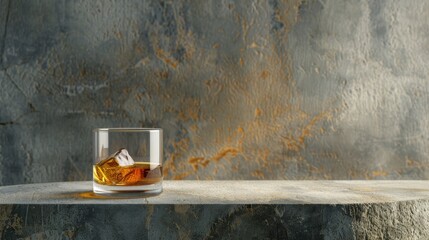 A glass of whiskey on a podium on a concrete background. Yellow liquid in a glass glass. - obrazy, fototapety, plakaty
