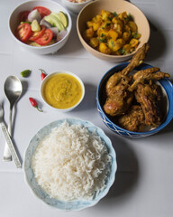 Ready to eat Indian non veg lunch menu served. Top view, selective focus.