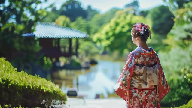 back view of asian woman wearing kimono walking in garden
