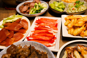 an assortment of dishes laid out for a meal