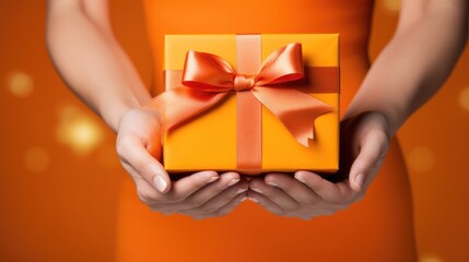 Woman's hands hold an orange gift box with a bow and ribbons on a colorful backdrop. Ai Generated