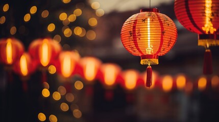 Traditional red Chinese lanterns hanging against a dark backdrop with glowing bokeh. Ai Generated