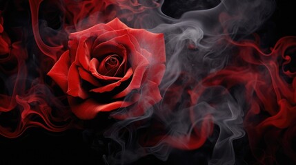 A red rose wrapped in ethereal smoke swirl on a captivating black background. Ai Generated
