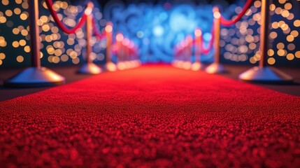 Red carpet unfurls before a glamorous movie premiere backdrop, setting the stage for star-studded elegance, Ai Generated.