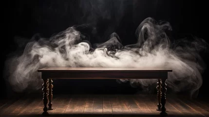 Photo sur Plexiglas Matin avec brouillard Smoke rising from an empty wooden table against a dark backdrop. Ai Generated.