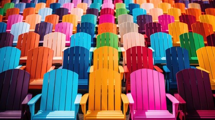 Rows of colorful chairs create a lively and dynamic scene, a burst of chromatic harmony, Ai Generated.