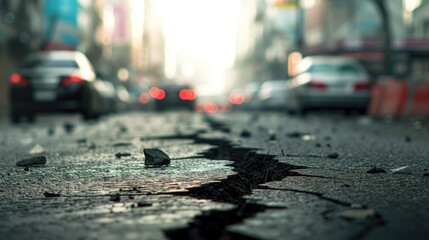 In the bustling cityscape, a lengthy crack mars the road, hinting at the challenges of urban infrastructure. Ai Generated.