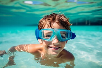 Cute little boy in swimming goggles swimming underwater on a sunny day