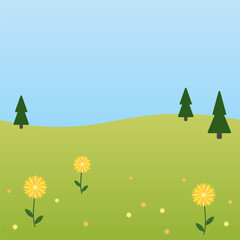 Summer meadow, flowers, trees, sky. Summer landscape, background. Seamless pattern. Flat style. Horizontal seamless pattern.  © IrinaUljankina
